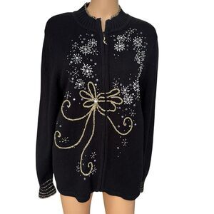 Kim Rogers vintage ramie/cotton Christmas beaded cardigan sweater size XL